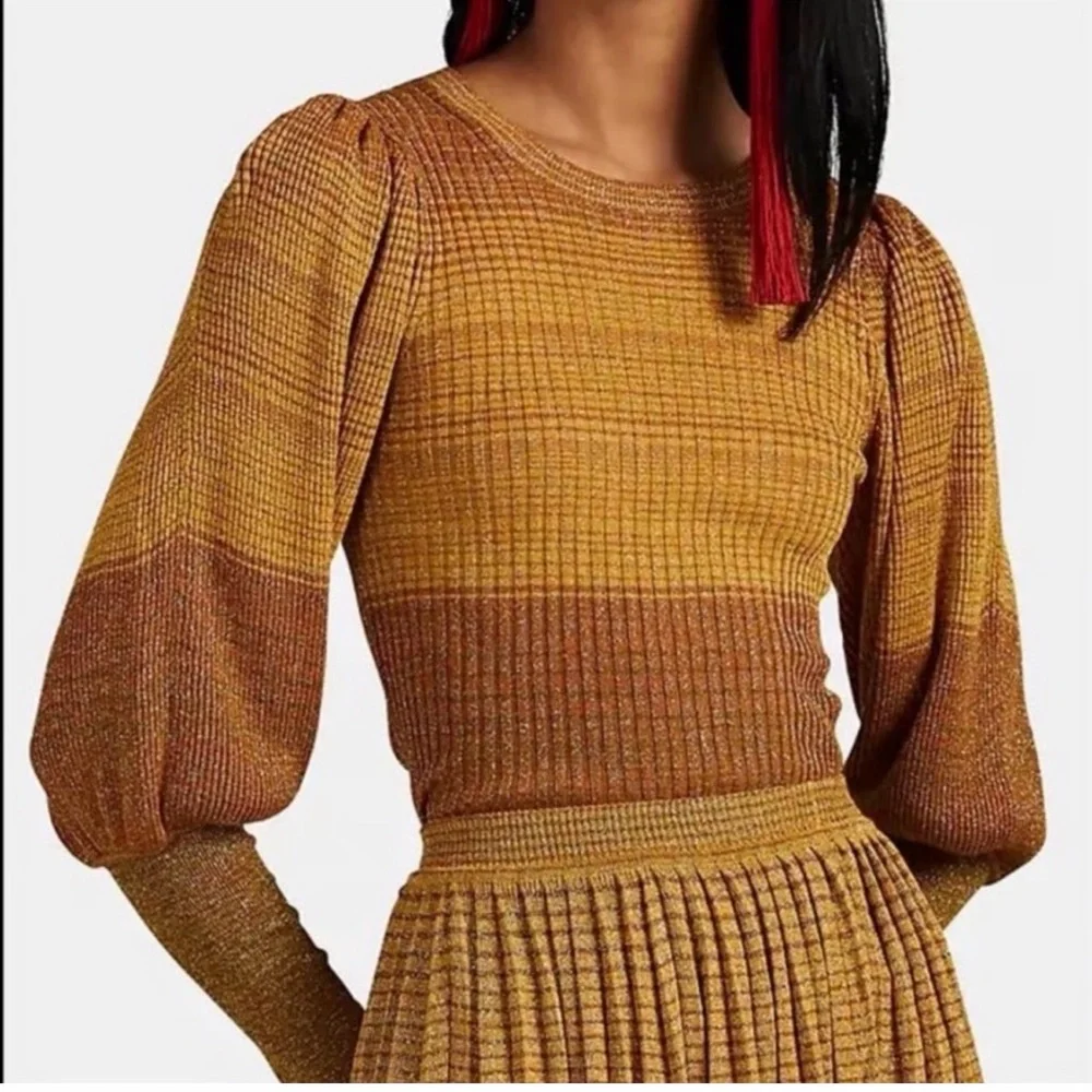 Ulla Johnson Metallic Ribbed Puff-Sleeve Top in Mustard & Bronze